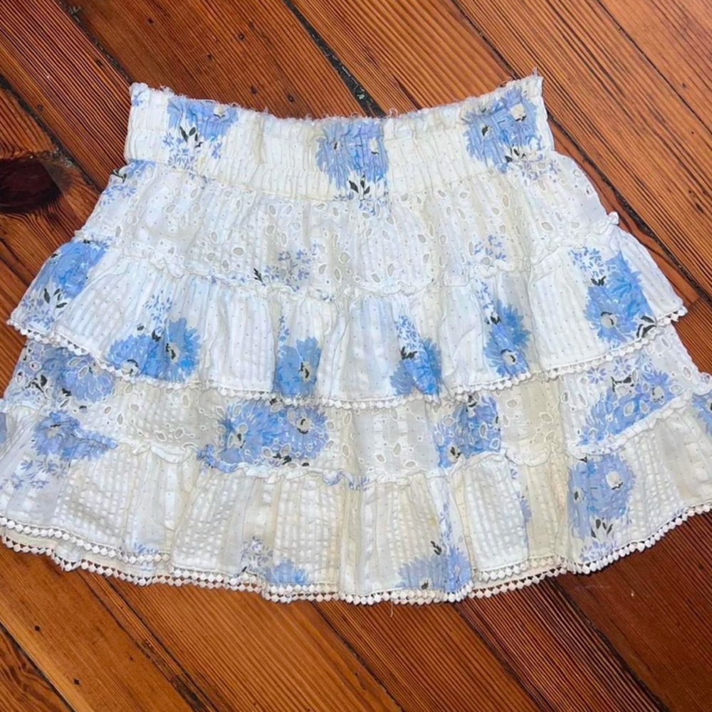 Loveshackfancy tiered blue mini skirt with detailing